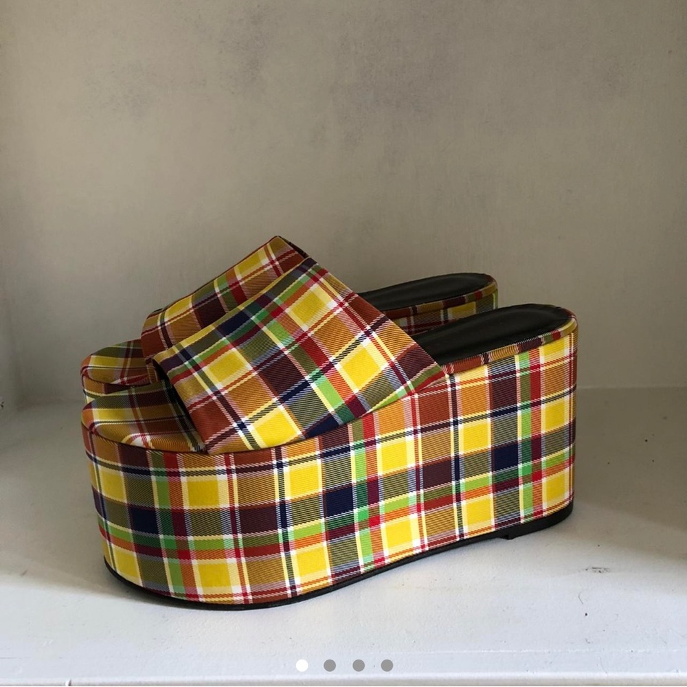 Simon Miller plaid yellow blackout platform sandals.